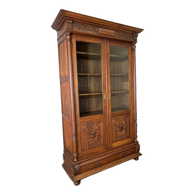 Antique French Glazed Oak Display Bookcase For Sale