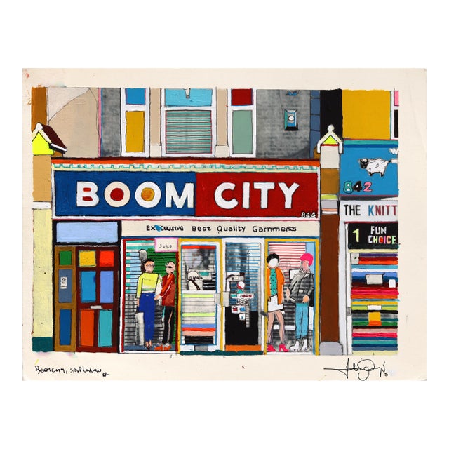 Boom City, London - Original Contemporary London Cityscape Mixed Media Painting on Paper by Fabio Coruzzi For Sale