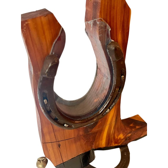 Brown Vintage Western Folk Art Cowboy Boot Coin Bank With Horseshoe & Brass Bell – Handcrafted Rustic For Sale - Image 8 of 11