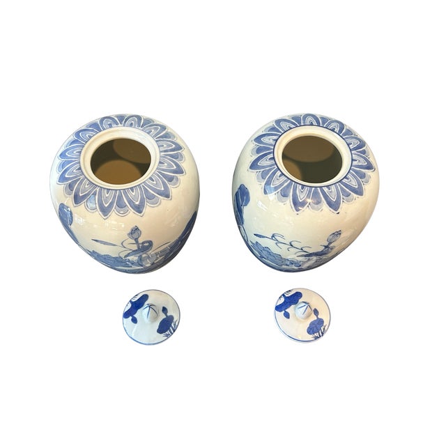 Ceramic Pair of Vintage Chinese Blue & White Porcelain Ginger Jars With Lids | Chinoiserie Lotus & Bird Motif | Hand-Painted Cobalt Decor For Sale - Image 7 of 9