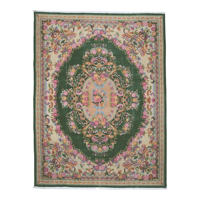 1970s Vintage Persian Handmade Wool Cotton Green Area Rug For Sale
