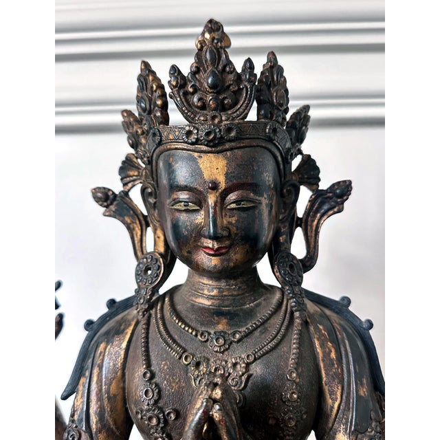 17th Century Large Gilt Bronze Statue of Bodhisattva Avalokiteshvara with Four Arms For Sale - Image 5 of 18