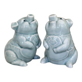 Mid-Century Celadon Ceramic Glazed Pig Figures - A Pair For Sale