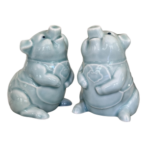 Mid-Century Celadon Ceramic Glazed Pig Figures - A Pair