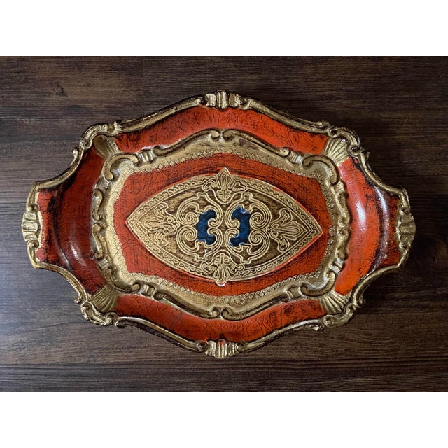Vintage Orange & Gold Florentine Style Wooden Tray For Sale - Image 9 of 9