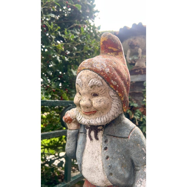 Sculpture Materials Vintage Concrete Garden Gnome with Weathered Polychrome Paint, 1950s For Sale - Image 7 of 13