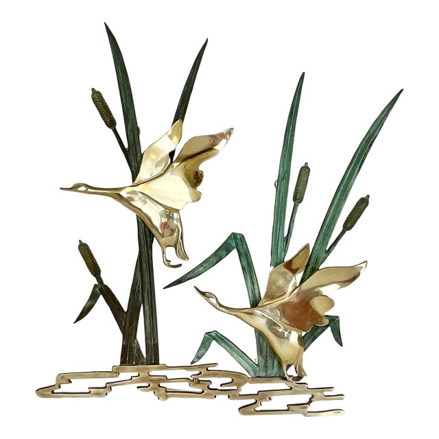1970s Vintage Arts & Crafts Boho Chic Brass Ducks With Verdigris Bronze Cat Tails Wall Sculptural Object. For Sale