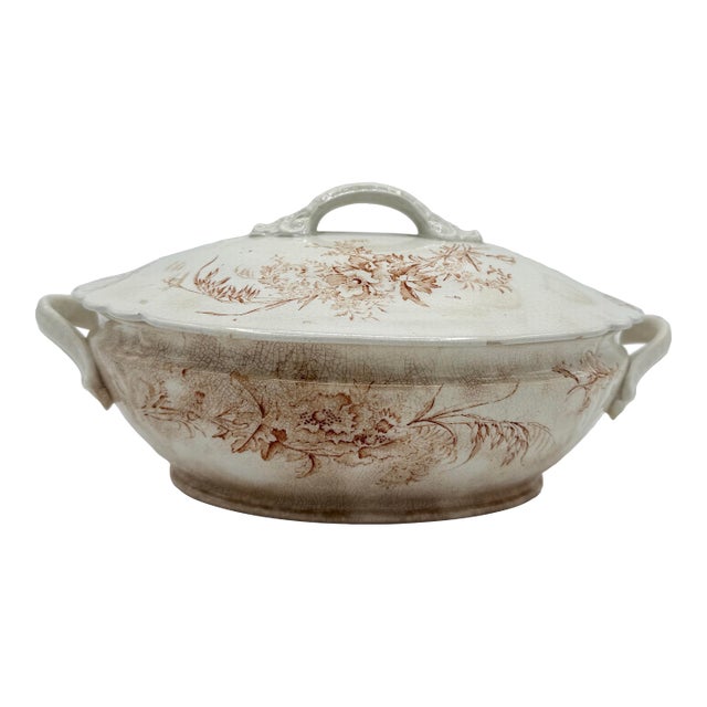Antique 19th-Century English Transferware Covered Soup Tureen – Sepia Floral Aesthetic Movement For Sale