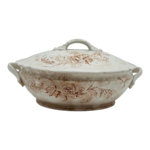 Antique 19th-Century English Transferware Covered Soup Tureen – Sepia Floral Aesthetic Movement
