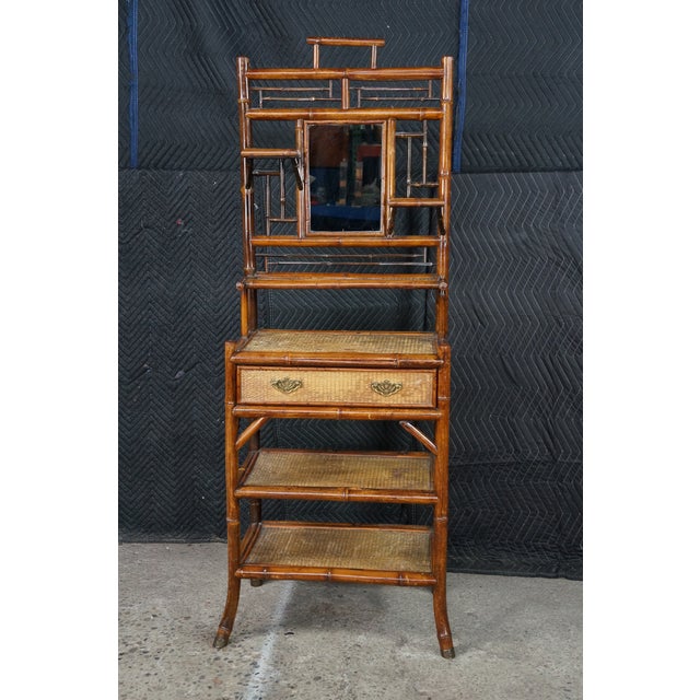 Antique English Victorian Bamboo & Rattan Mirrored Etagere Shelf Stand Boho Chic For Sale - Image 6 of 18