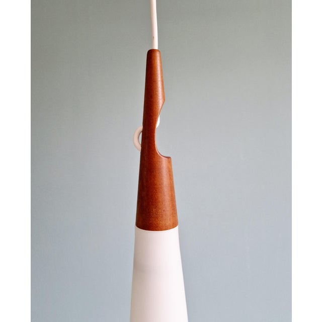Scandinavian Suspension in White Opaline Glass & Teak by Uno & Östen Kristiansson for Luxus, 1960s For Sale - Image 3 of 14