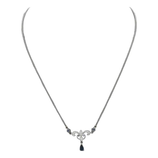 14k White Gold Sapphire Diamond Station Necklace. For Sale
