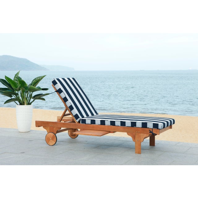 Newport Chaise Lounge Chair with Side Table, Natural/Blue Stripe Cushion For Sale - Image 9 of 10