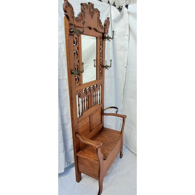 Antique American Oak Hall Seat / Hall Tree With Hooks, Mirror