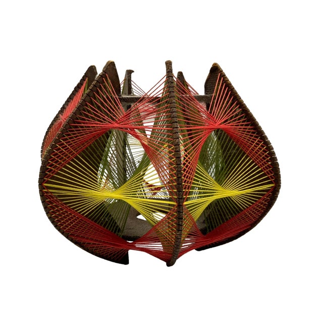 Green Vintage String Art Pendant, Wood, Cotton in Orange/Red, Green, Yellow, 1970s For Sale - Image 8 of 9