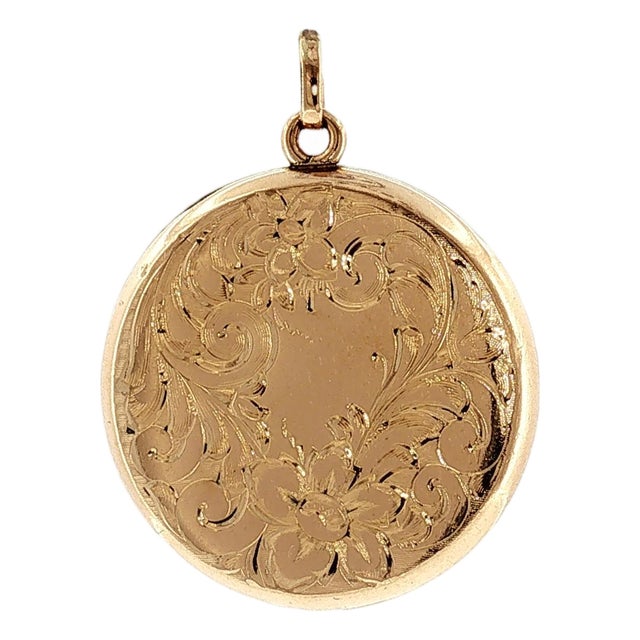 1960's Yellow Gold Filled Hand Engraved Floral Motif Round Locket For Sale