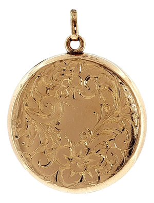 1960's Yellow Gold Filled Hand Engraved Floral Motif Round Locket