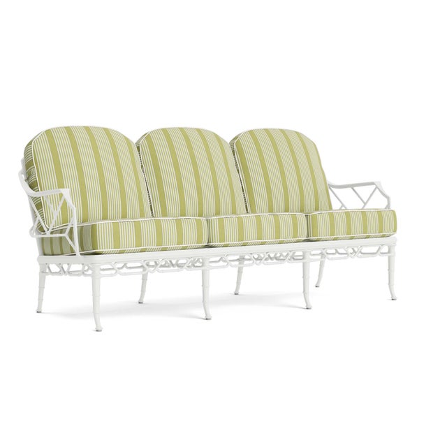 Brown Jordan Calcutta Sofa in Chalk with Pea Green Stripe and Sea Salt Welt Cushions For Sale