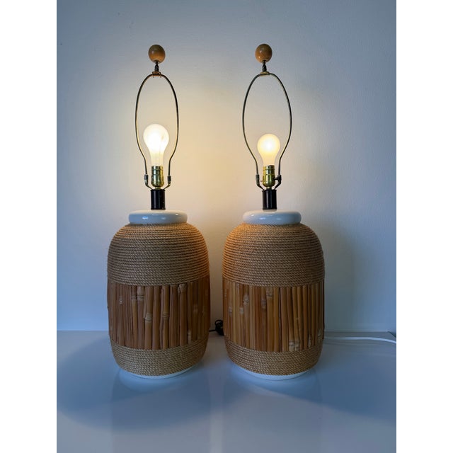 Pair of Vintage Coastal Organic Ceramic Table Lamps With Bamboo and Rope Wrap, 1970s For Sale - Image 4 of 12