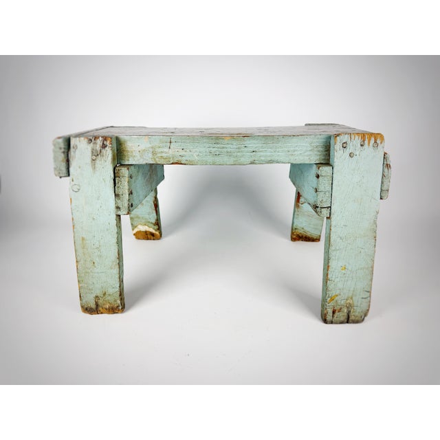 Primitive Blue Painted Wooden Stool | Antique Farmhouse Riser | Rustic Chippy Paint Footstool For Sale - Image 9 of 12