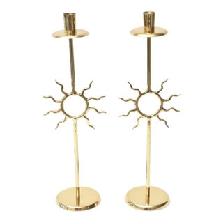 Vintage Fornasetti Style Sun Motif Polished Brass Tall Candlesticks, 1970's For Sale
