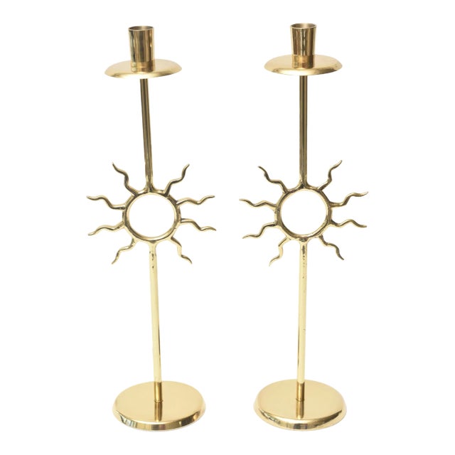Vintage Fornasetti Style Sun Motif Polished Brass Tall Candlesticks, 1970's For Sale