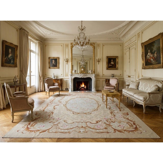 9x12 Vintage Aubusson Flat Weave Wool Rug, Beige Rose Medallion For Sale - Image 11 of 13