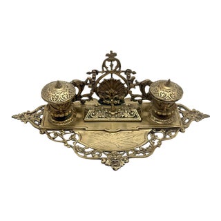 Vintage Ornate Baroque Revival Cast Brass Double Inkwell Desk Set With Porcelain Liners For Sale