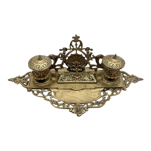 Vintage Ornate Baroque Revival Cast Brass Double Inkwell Desk Set With Porcelain Liners For Sale