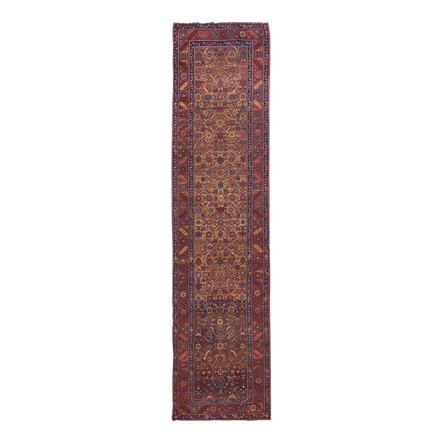 1890s Brown Tribal Herati n.w. Persian Bakshaiesh Runner Rug 3'6" X 14'2" Handknotted Wool Carpet For Sale