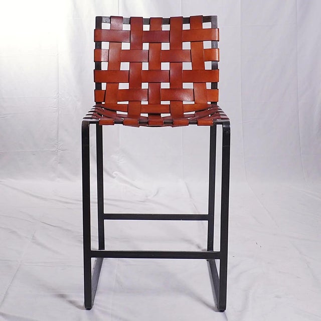 Mid-Century Modern Attributed to Mark Albrecht Pair Of Studio Webbed Counter Stools For Sale - Image 3 of 7