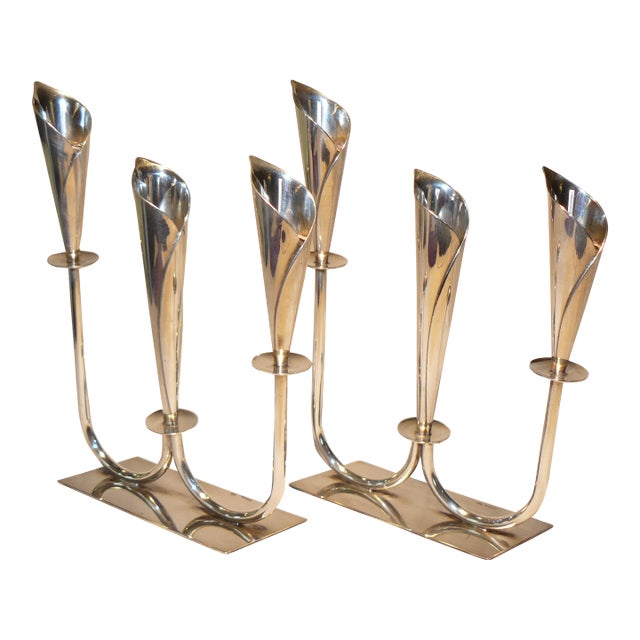 1950s Jens Hansen Calla Lily Triple-Stick Candle Holders From Denmark - a Pair For Sale