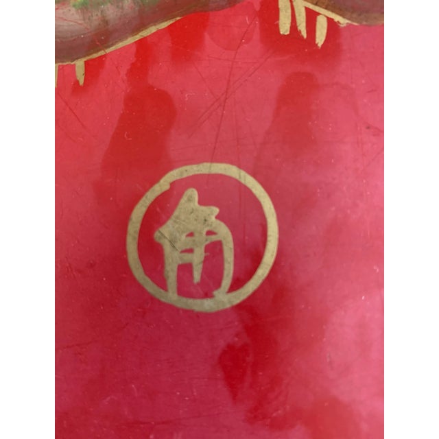 Metal Vintage Red Hand Painted Chinoiserie Tole Tray For Sale - Image 7 of 12