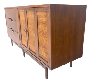 Mid Century Modern Light Walnut Cane Doors 6 Drawers Compact Dresser