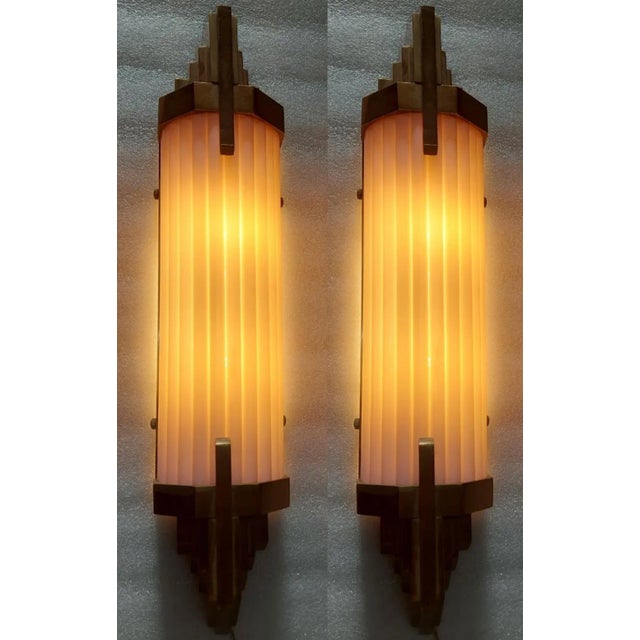 Pair Skyscraper Vintage 1940s Art Deco Wall Sconces Fixture Brass & Opaline Pink Glass Rod Ship Light For Sale - Image 4 of 6