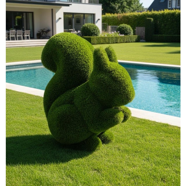 Whimsical Oversized Faux-Boxwood Squirrel Garden Sculpture For Sale In West Palm - Image 6 of 11