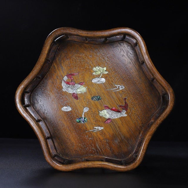 Chinese Huali Rosewood Foliate Tray Inlaid With Mother-of-Pearl For Sale - Image 3 of 9
