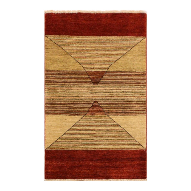 1990s Shabby Chic Tan/Red Hand-Knotted Wool Rug -2'11 X 5'1 For Sale