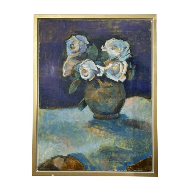 Bold and atmospheric still life of white roses in a vase, rendered in expressive brushwork and a saturated palette of...