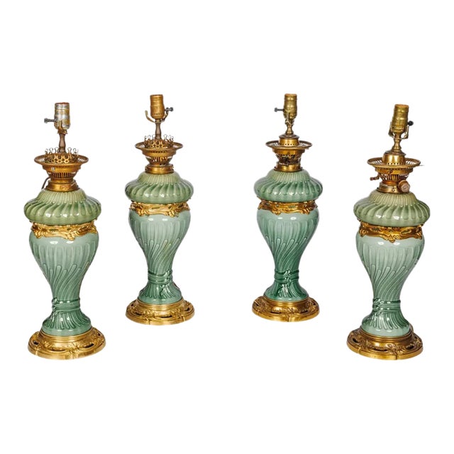 A Suite of Four Theodore Deck Ormolu-Mounted Celadon Green Porcelain Lamps For Sale