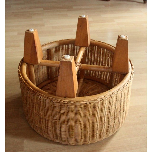 Beige Round Rattan, Bamboo and Wooden Side Table - Foot Stool - Ottoman Vintage For Sale - Image 8 of 9