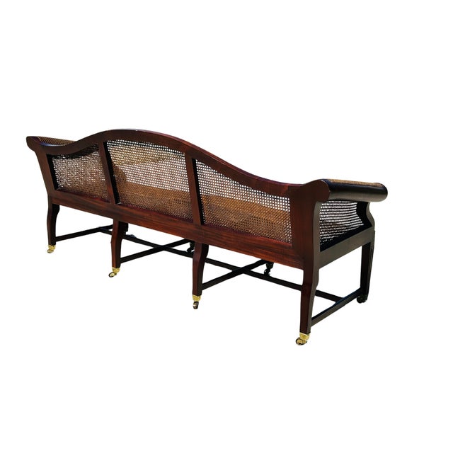 Authenticated Antique Federal Mahogany Caned Settee Sofa, Circa 1800–1815 – Serpentine Back, Reeded Scroll Arms & Original Brass Casters For Sale - Image 13 of 18