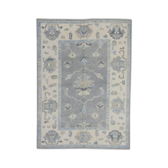 Textile Early 21st Century Gray Floral Design Handwoven Wool Turkish Oushak Rug 4'9" X 6'5" For Sale - Image 7 of 7