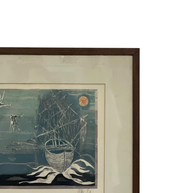 Mid-century limited edition silkscreen print depicting a surreal nautical scene with a sailing vessel, stylized birds in...