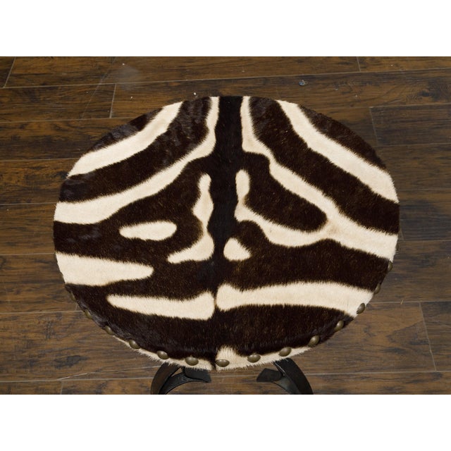 Pair of Midcentury French Guéridon Tables with Zebra Hide and Iron Tripod Bases For Sale - Image 11 of 11