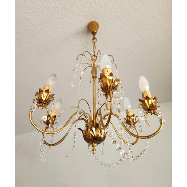 Vintage Hollywood-Regency Gold-Plated Cascade 6-Light Waterfall Chandelier with Crystal Pendants, 1960s For Sale - Image 14 of 18