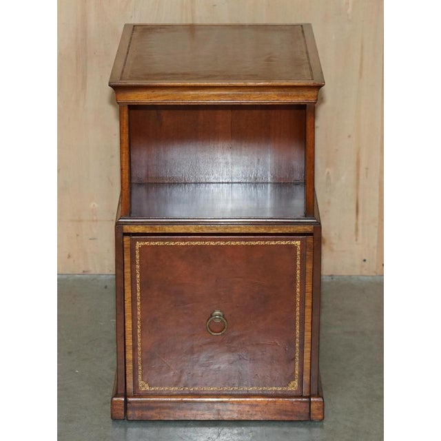 Flamed Hardwood & Brown Leather Sliding Book Tables, Set of 2 For Sale - Image 16 of 18