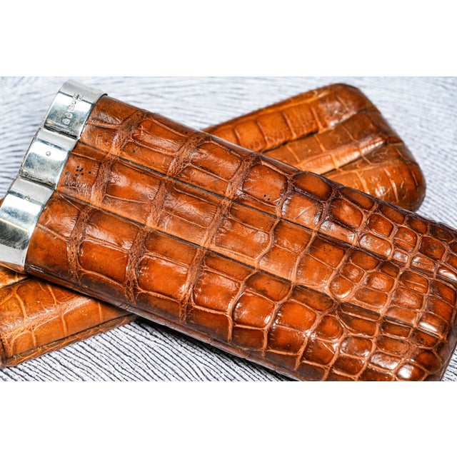 Metal Handsome English Cigar Case Antique Leather Sterling Silver Tobacciana For Sale - Image 7 of 14