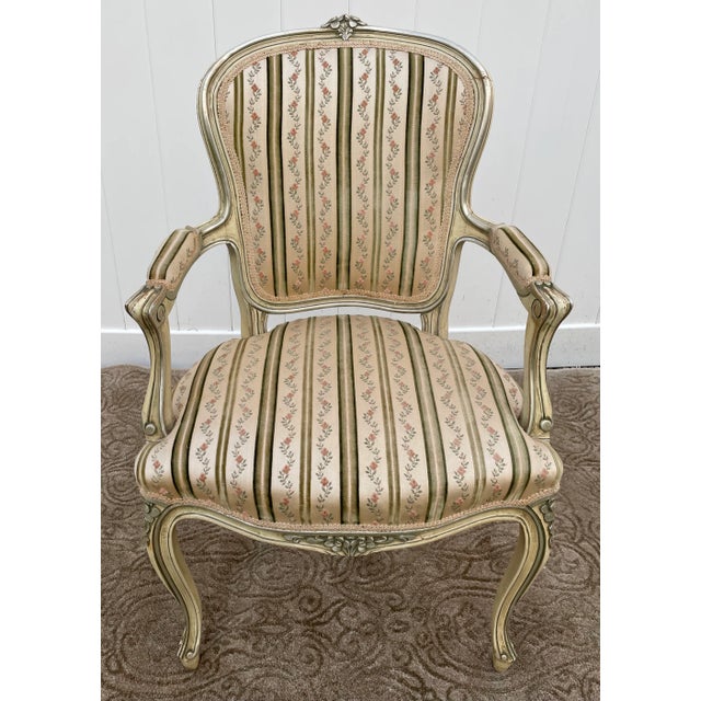 Italian Painted Wood Arm Chair Vintage Venetian Style Carved Cream Green Floral Stripe For Sale - Image 3 of 13