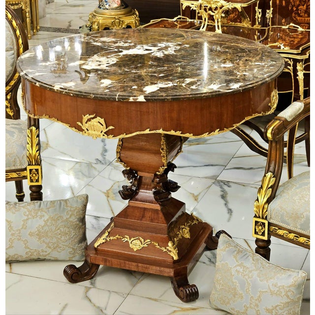 Round Marble Top Center Table With Hand-Carved Wood Pedestal & Gold Leaf Accents For Sale - Image 4 of 4